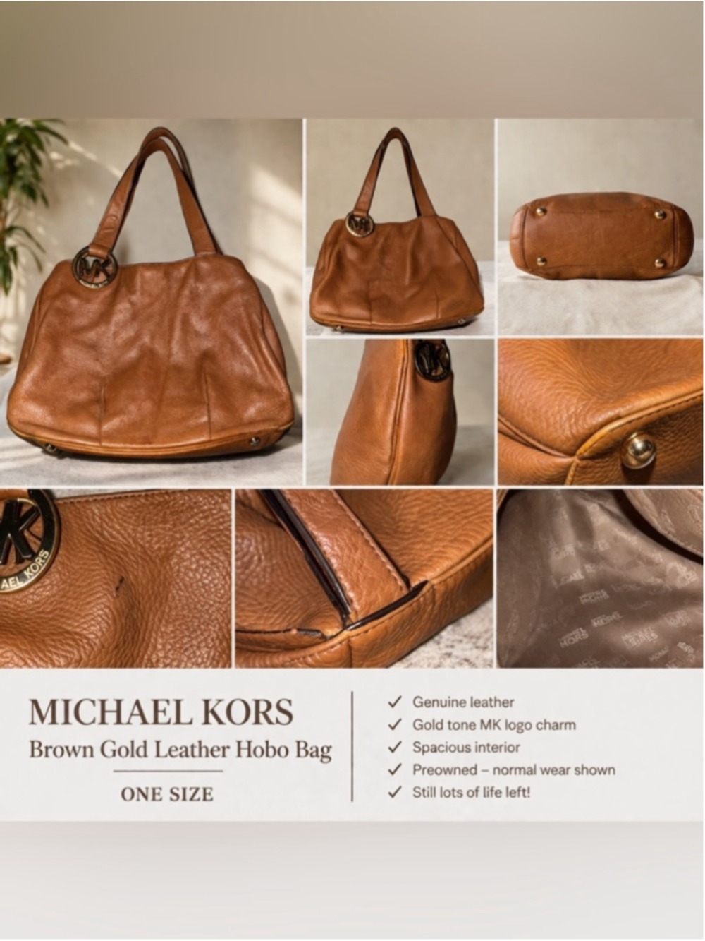 Michael Kors Brown Leather Hobo Bag Gold MK Charm